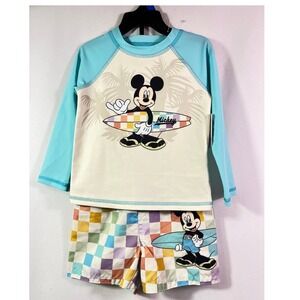 Disney Mickey Mouse Kids 2T Blue Checkerboard Rash Guard Swim Trunks Set 2PC